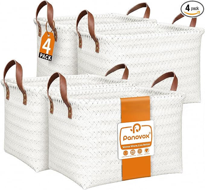 Wicker Storage Baskets, 4 Pack Woven Baskets for Shelves, White | PP Rattan, Water-resistant Wicker Basket, Large Baskets with Faux Leather Handles for Blanket, Laundry Organizer, Room Decor by Panovox