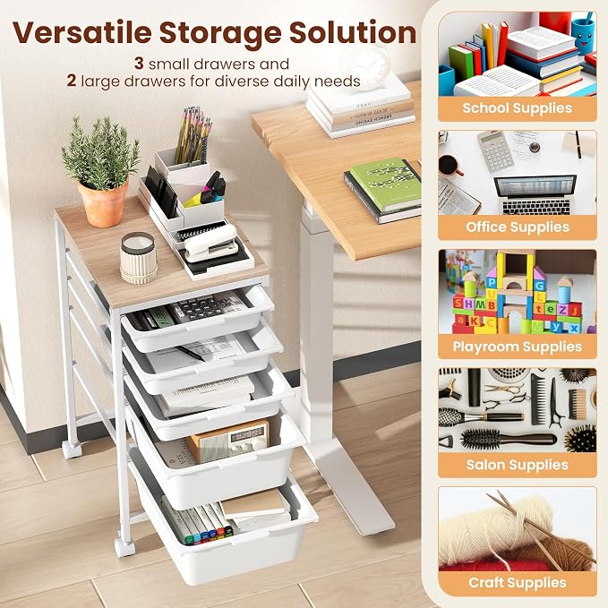 Giantex Rolling Storage Cart with 5 Drawers, Utility Cart w/Wooden Tabletop, Lockable Wheels, Multipurpose Organizer for Art Craft Books Paper, Drawer Carts for Dorm Classroom Office, White - Image 6