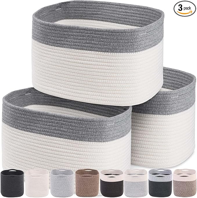 CHAT BLANC Cotton Rope Baskets for Organizing, Shelves, Toys, Storage, Shoe, Bathroom, Laundry, Towel, Nursery, Home Decor, Blanket, Cloth Woven Bins Fabric (Dark Gray & Creamy White7, 15"x10"x9") by CHATBLANC