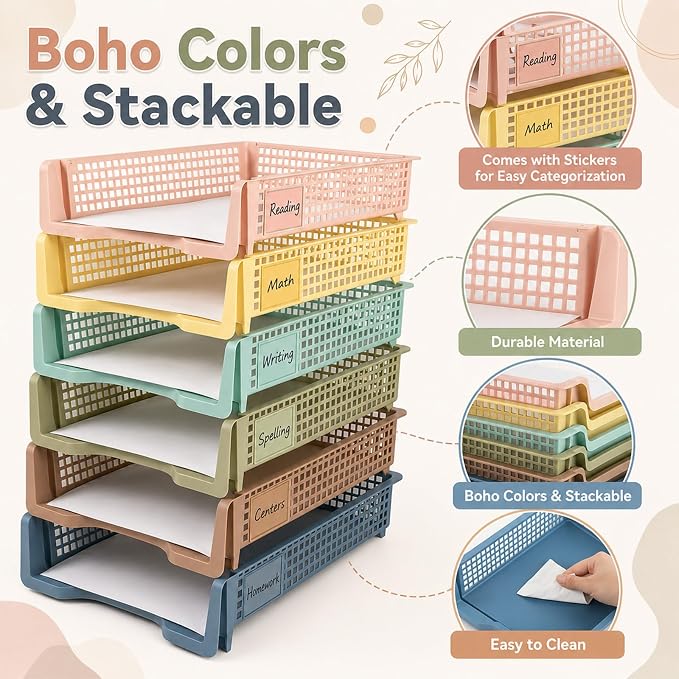 Set of 6 Boho Turn in Trays with Label Stickers for Teachers Stackable Classroom Paper Letter Trays Plastic Classroom Desk Letter Organizer Tray Storage Baskets for Library, Drawers, Office, Home - Image 3