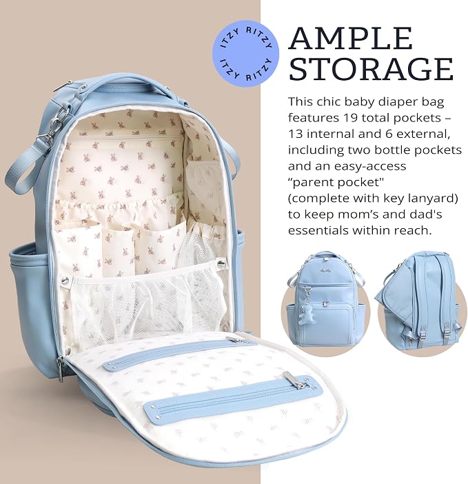Itzy Ritzy Boss Plus Large Diaper Bag Backpack with 19 Pockets (Teddy Blue) | Includes 2 Insulated Bottle Pockets, Changing Pad, Stroller Clips, Comfortable Padded Straps, Easy-to Clean, Travel-Ready - Image 6