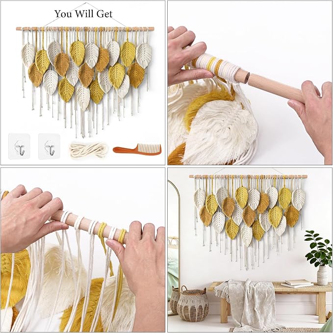 Large Macrame Wall Hanging Boho Woven Tapestry Bohemian Farmhouse Wall Art | KHOYIME Handmade Yellow Leaf Feather Chic Modern Home Decoration for Living Room Bedroom Nursery Dorm Backdrop 39"W X 29.5"L - Image 8