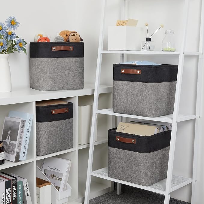 DULLEMELO Cube Collapsible Storage Bins, 12 inch Fabric Storage Cubes Bins Canvas Organization Baskets, Linen Closet Organizers Boxes for Home Organization and Storage (4 Pack - 12" Black&Grey) - Image 6