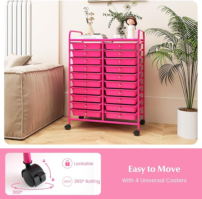 RELAX4LIFE 20-Drawer Rolling Storage Cart - Mobile Rolling Cart w/Drawers for School Classroom Teacher Office Home Salon, Paper File Art Supply Craft Organizer, Utility Cart on Wheels (Hot Pink) - Image 6