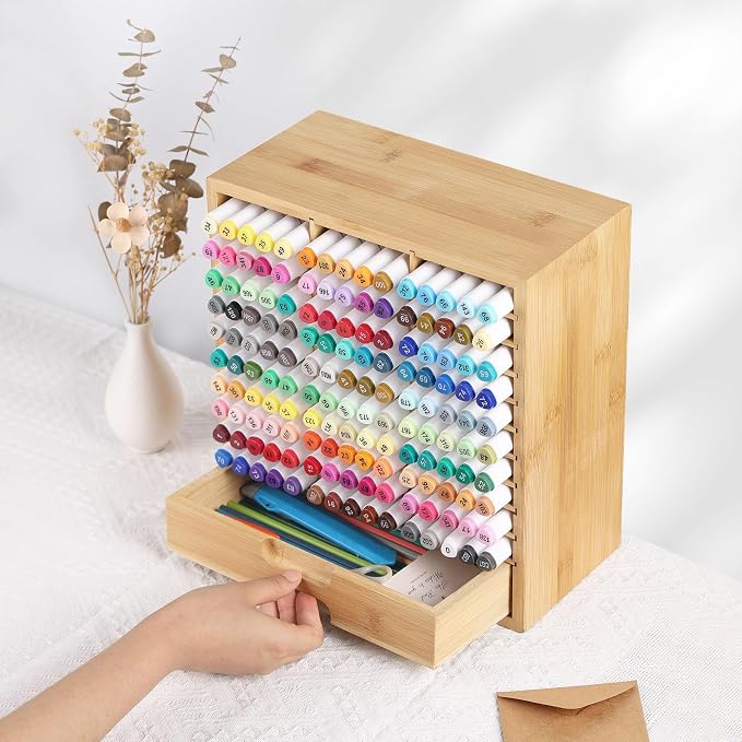 AUTOARK Bamboo Marker Organizer for 150 Markers,AHK-060 | Desktop Storage with Drawers,Art Markers Pens Pencils Brushes - Image 6
