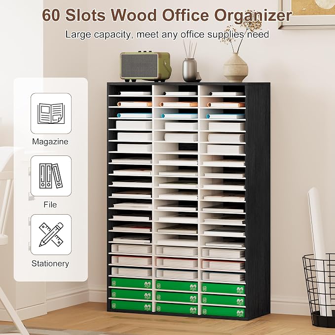 EasyPAG 60 Compartments Wooden Literature Organizer with Adjustable Shelves, 30000 Sheets Capacity Paper Organizer, Classroom Mailbox and Mail Sorter for Teachers and Office, Black/White - Image 2