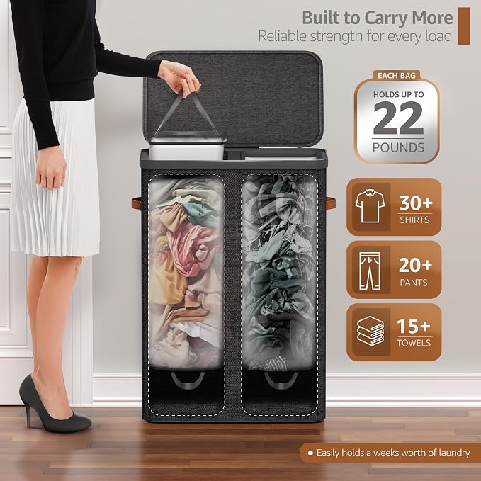 Sorbus Laundry Hamper with Lid - Collapsible 2-Compartment Fabric Laundry Basket with Handles and Removable Laundry Bag – 45 Gallon (170 L) Dirty Clothes Hamper for Bedroom, bathroom and dorm (Black) - Image 4
