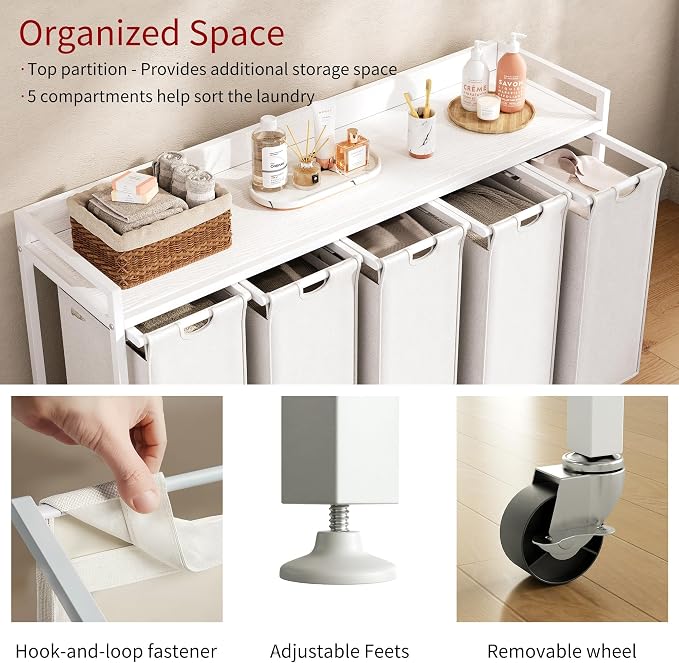 Herture Laundry Hamper with Shelf, Laundry Basket 5 Section, Laundry Sorter with Pull-Out Removable Large Bags and Movable Wheels, Metal Frame, 5 x 15.87 Gallons (60L), White PF08XLW - Image 3