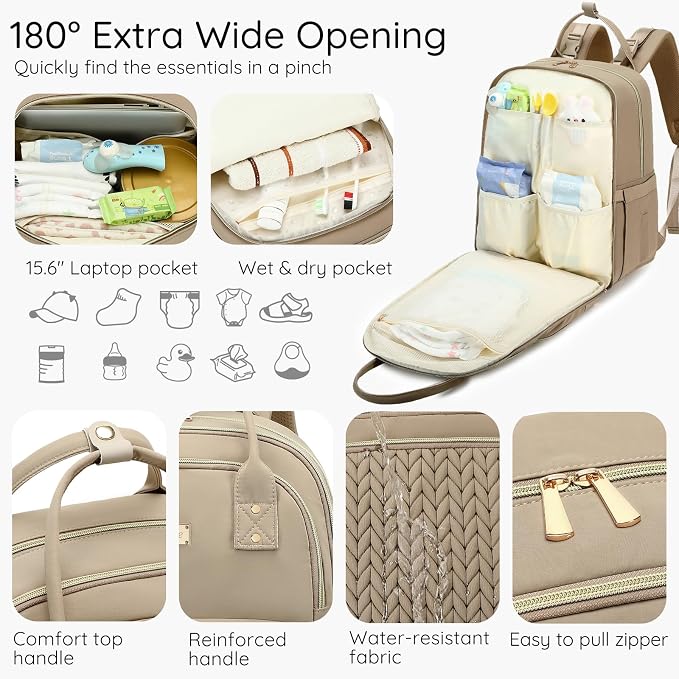 AIJIEKE Diaper Bag Backpack, Large Multi-functional Diaper Backpack, Khaki | Waterproof lightweight baby backpack. With changing pad, stroller straps, insulated & wet/dry pockets. Mom & dad essential - Image 4