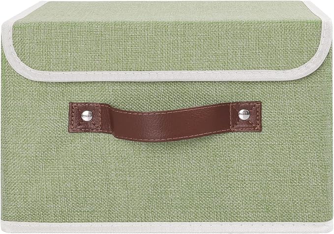 ANMINY Fabric Storage Box Bins with Lids, Green, 10"x8"x7" | Keepsake Memory Storage, Cotton Linen, PP Board Reinforced, Washable, PU Handles, Foldable & Stackable, Decorative, Small - Image 2