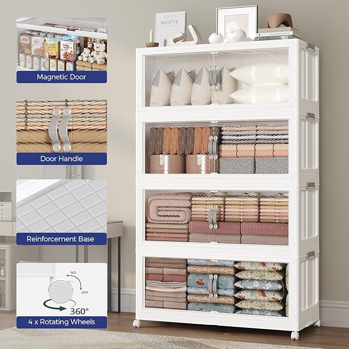 600QT Extra Large Stackable Storage Bins with Lid, 150Gal Plastic Closet Organizers and Storage Drawer, Collapsible Cabinet Box with Wheels Clear Doors for Home Kitchen Garage, 5Pack White - Image 7