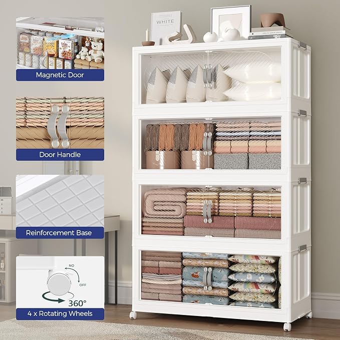 360QT Extra Large Stackable Storage Bins with Lid, 90Gal Plastic Closet Organizers and Storage Drawer, Collapsible Cabinet Box with Wheels Clear Doors for Home Kitchen Garage, 3Pack White - Image 5