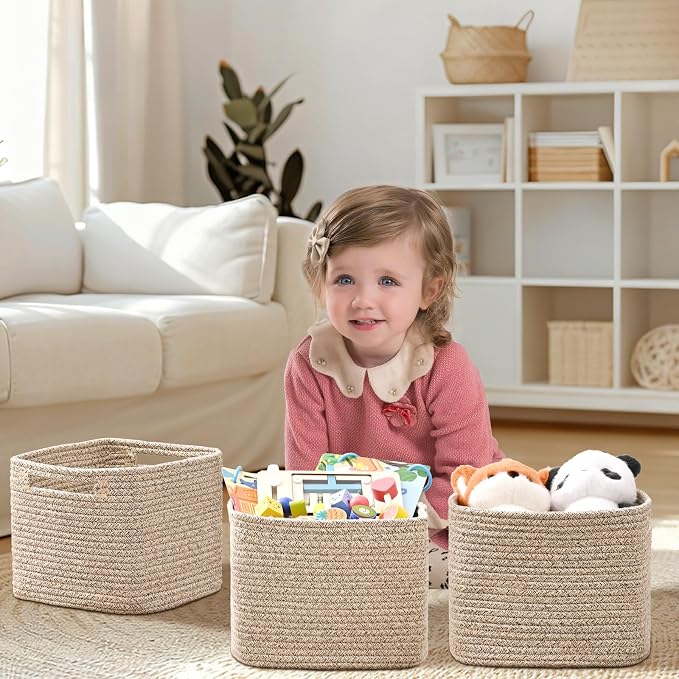3 Pack Cube Storage Bin, 9”x9”x7” Cotton Rope Woven Baskets for Organizing Toys Clothes Towels, Square Gift Storage Baskets for Shelves, Nursery, Closet, Bathroom, Pantry (Jute) - Image 2