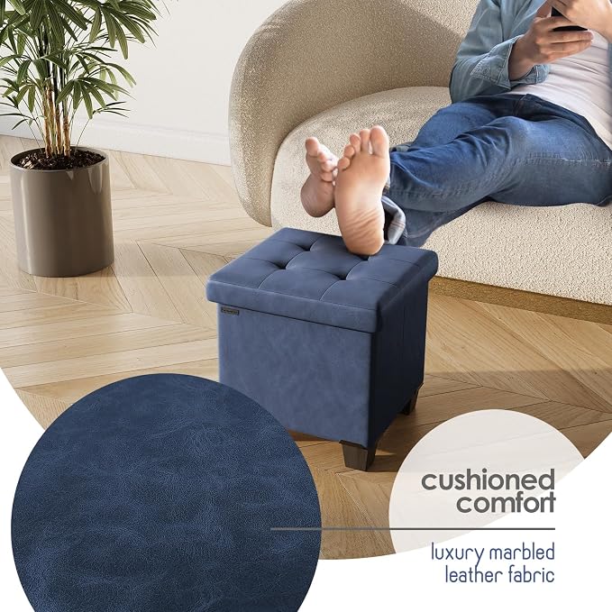 Storage Ottoman Cube with Small Bin, 15-in Square Ottoman with Storage for Living Room and Bedroom, Small Ottomans Foot Rest, Leather Foot Stools Ottomans Max 330lbs, Blue - Image 7