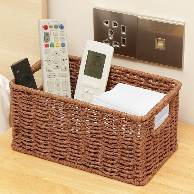 HOONEX Woven Baskets for Storage, Paper Rope Baskets with Sturdy Metal Wire Frame, Baskets for Shelves, Set of 2, Dark Brown - Image 5