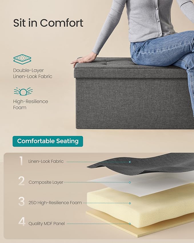 SONGMICS 30 Inches Folding Storage Ottoman Bench, Load 660 lb | Ottoman Foot Rest, Storage Chest, for Living Room, Entryway, Slate Gray and Ink Black, MINOTA Collection ULSF47K - Image 6