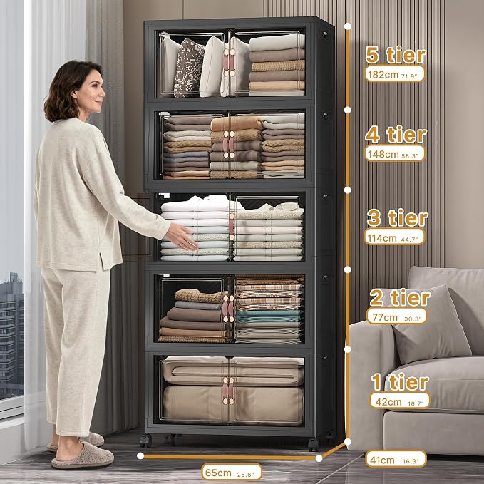 Stackable Storage Bins with Lids, 600QT Lockable Storage Cabinet | Folding Storage Box with Doors and Wheels, Collapsible Plastic Drawers for Home, Garage, Office - Image 2