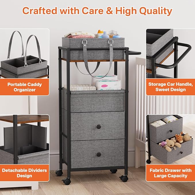 3In1 Modanais Baby Diaper Caddy Organizer Cart with Drawers, Black | Rolling Storage Cart, Removable Diaper Caddy, Detachable Dividers - for Crib, Bedroom, Art & Craft Organizer - Image 4