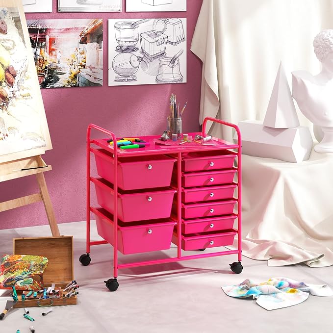 RELAX4LIFE 9 Drawer Rolling Storage Cart - Mobile Drawer Carts for Craft Art Supply Paper Salon, Utility Cart on Wheels for Classroom Teacher School Office, Rolling Cart with Drawers (Hot Pink) - Image 8