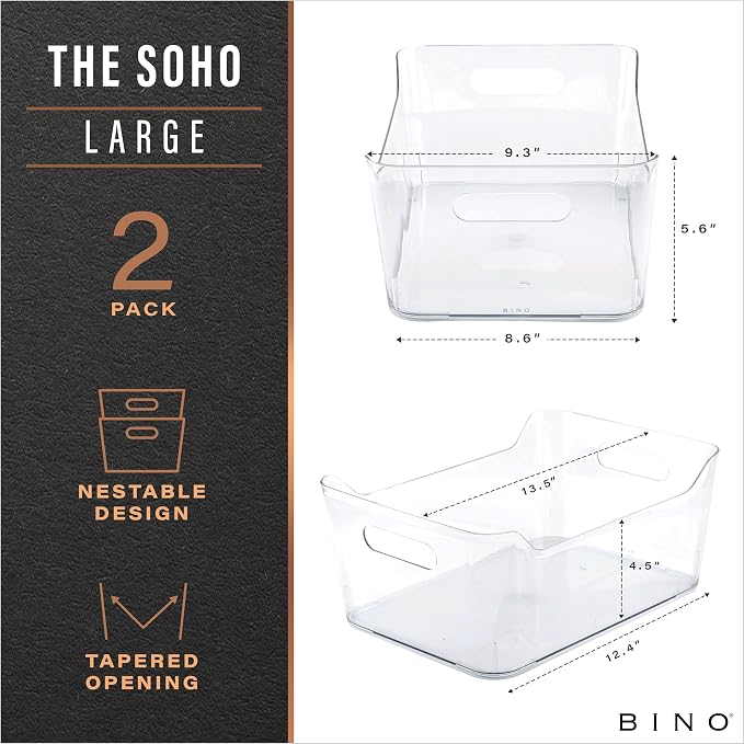 BINO | Plastic Storage Bins, Large - 2 Pack, Clear | THE SOHO COLLECTION | Pantry Organizers and Storage Containers | Fridge Organizer Bins | Kitchen Cabinet Organizer | Medicine Cabinet Bin - Image 2