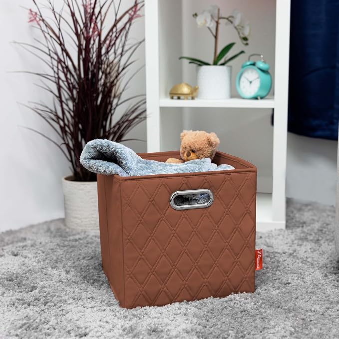 Small 11-inch Brown Foldable Diamond Patterned Faux Leather Storage Cube Bins Set of Four with Handles with Dual Handles for living room, bedroom and office storage - Image 3