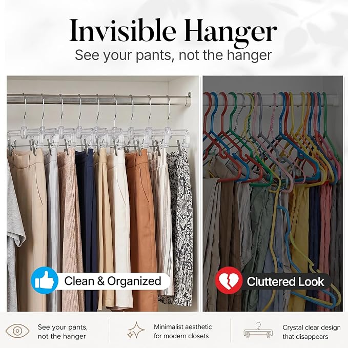 HOUSE DAY Clear Pants Hangers with Clips 12 Pack, Plastic Skirt Hangers for Women, 14 Inch Clip Hanger for Pants, Skirts, Jeans, Shorts, Legging, with 360-degree Swivel Hook, 2 Adjustable Clips - Image 5