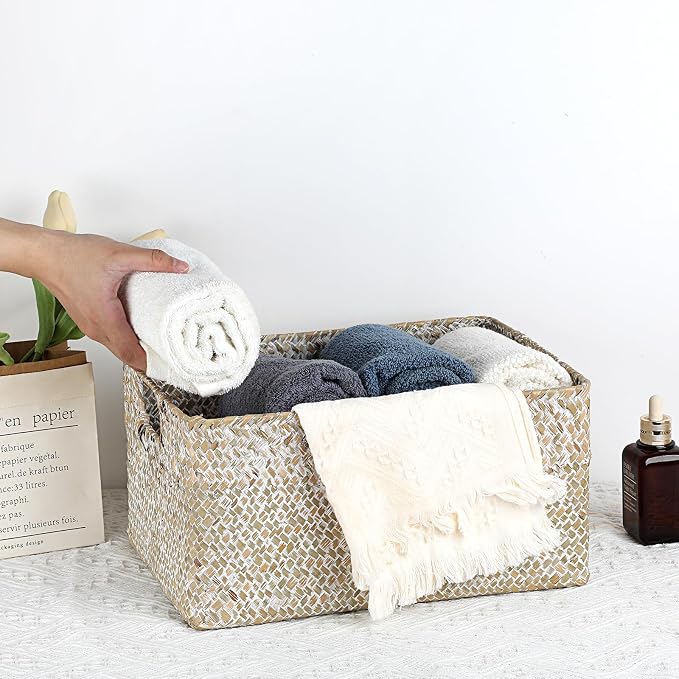 Hipiwe Seagrass Storage Basket Bin Rectangular Handwoven Wicker Storage Box with Handle Opened Baskets for Shelf Organizing Closet Bathroom, 13.3 x 9.8 x 6.7 Inch - Image 6