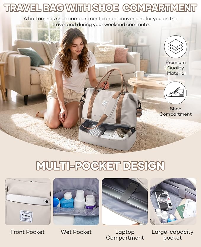 Travel Duffel Weekender Bag Women Tote Carry On Bags With Shoe Compartment | 18x14x8 inches Travel Overnight Bags with Trolley Sleeve for Airplanes Waterproof Sport Tote Gym with Toiletry Bag Beigebrown - Image 6