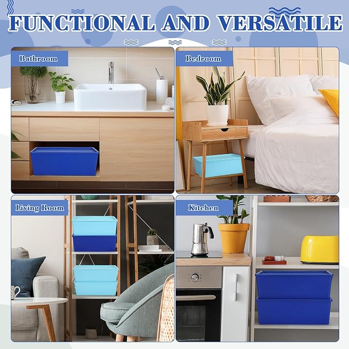 4 Pcs Storage Bins with Lids, Dark Blue, Light Blue, Large | Plastic Stackable Organizing Containers, Heavy Duty Storage Boxes for Classroom Room Shelves, Christmas Ornaments Baskets - Image 4