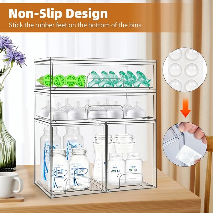 Baby Bottle Organizer, 4 Pack Stackable Storage Drawers with Labels, Clear Station Organizers Container for Pacifiers, Pump Parts, Desk Organizer Bins for Bathroom, Cabinet, Pantry, Vanity, Countertop - Image 6