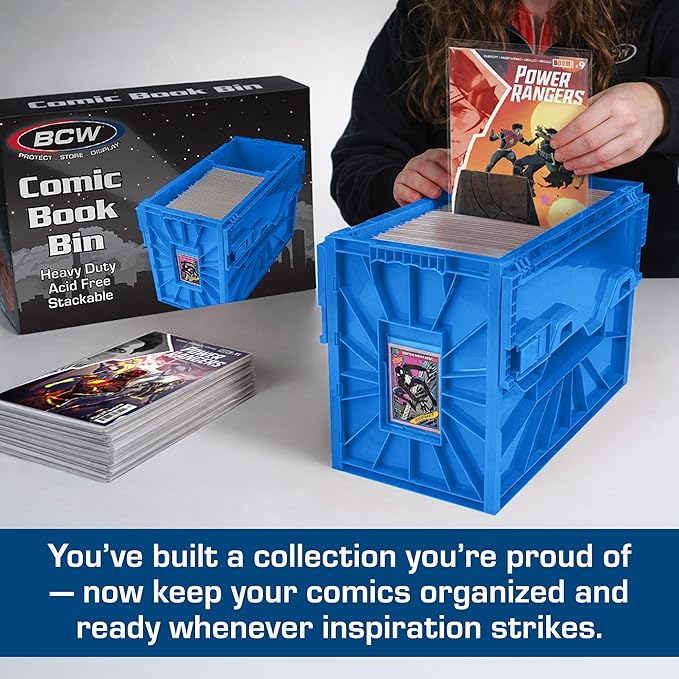 BCW Short Comic Book Bin, Holds 150 Comics Each, Blue, 1 Pack | Each acid-free plastic bin holds 150 Current or Silver Age comics with a locking lid, movable partition, and ID slot. - Image 2