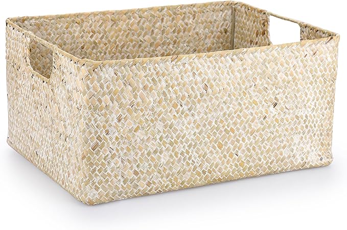 Hipiwe Wicker Shelf Baskets Seagrass Storage Opened Baskets Bin with Handle | Rectangular Closet Bedroom Basket Organizer Box, Multipurpose Woven Basket Home Organizer, Whitewash 14.6"x 10.6" x 7.1" by Hipiwe