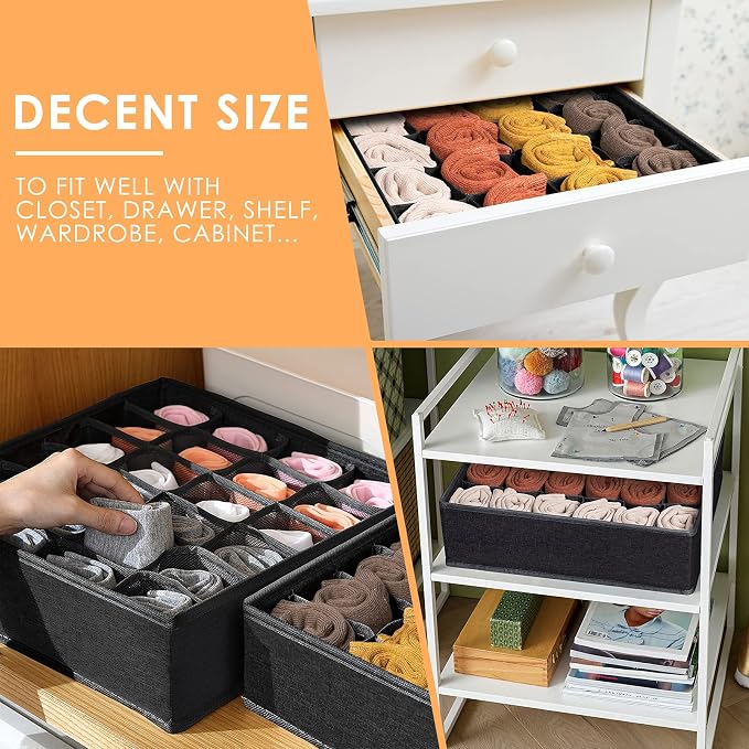 3 Pack Sock Underwear Organizer Dividers, 64 Cell Fabric Foldable Cabinet Closet Organizers and Storage Boxes for Storing Socks, Underwear, Ties (16+24+24 Cell, Black) - Image 4
