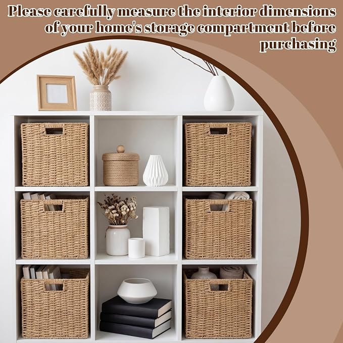 6 Pcs Wicker Storage Baskets 11.8 x 11.8 in Cube Storage Bin Organizer Camel Square Foldable Wicker Baskets for Shelves Organizing Decor Laundry Pantry Toys - Image 6