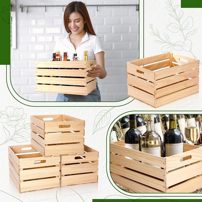 Weysat 3 Pack Large Wood Crates Box for Storage 16 x 12 x 9.5 Inches Unassembled Wooden Milk Crates with Handle Decorative Nesting Box for Winter Display Rustic DIY Office Home Retail Art Craft (Wood) - Image 3