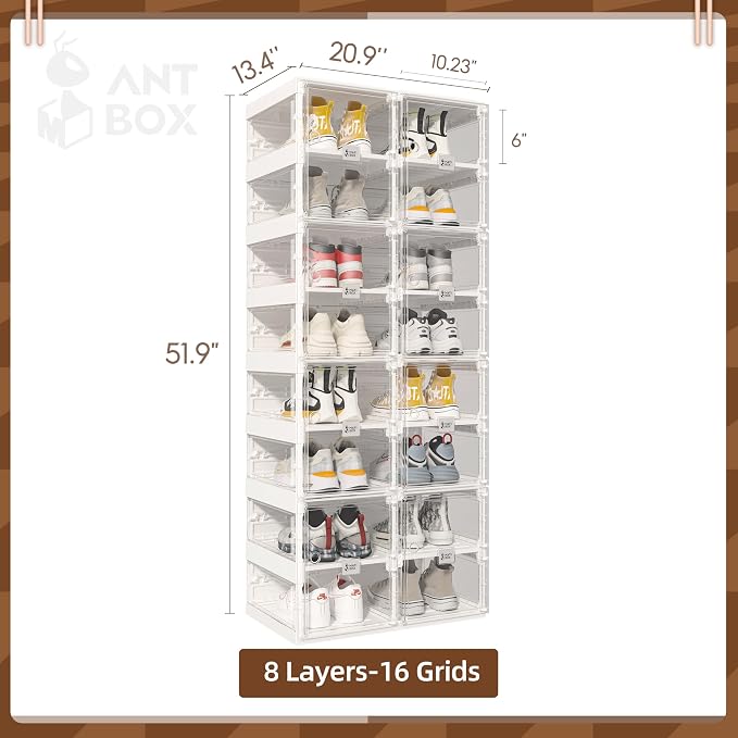 ANTBOX Foldable Shoe Rack,Shoe Organizers for Closet Plastic Shoe Storage Box Space Saving for Entryway, Large Sturdy Stackable Sneaker Cabinet Bins with Magnetic Clear Door 8 Tiers 16 Pairs - Image 3