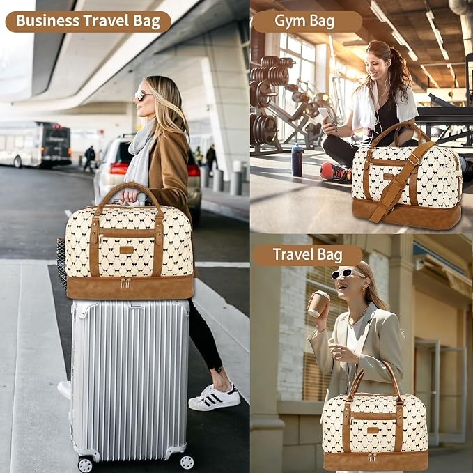 3PCS Weekender Bags for Women Large Overnight Bag, Cream Bow | Weekender Travel Duffel Bags Carry on Shoulder with Shoe Compartment Toiletry Bag Satchel Bag for Travelling Business Gym - Image 6