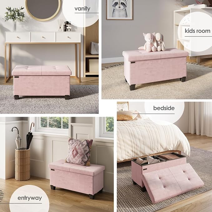 Storage Ottoman Bench with Bins, 30-in Storage Bench for Bedroom End of Bed, Folding Foot Rest Ottoman for Living Room Max 660lbs, Velvet Ottomans, Pink - Image 4
