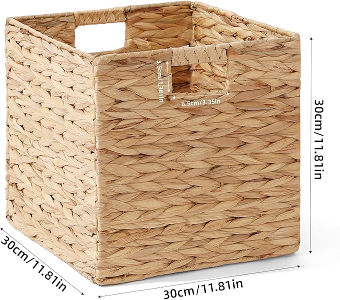 Water Hyacinth Storage Basket, Set of 2 Hand-Woven Wicker Baskets, Foldable Cube Storage Bins, Wicker Cube Laundry Organizer, Square Baskets for Organizing Shelves Decor, 12x12x12in - Image 2
