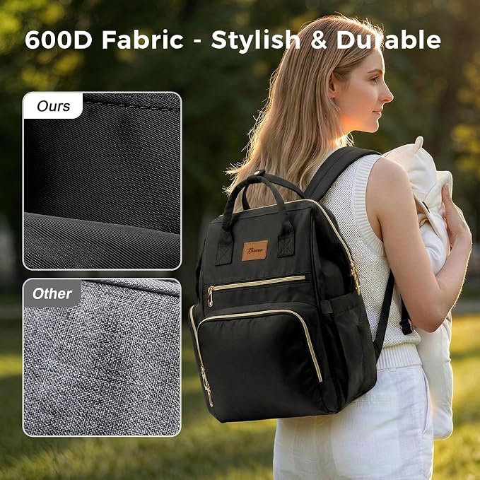 Diaper Bag Backpack with Wet/Dry Pocket, Changing Pad, 27L Black | 14 Pockets, 3 Insulated Bottle Pockets & Rear Opening for Organizing, Stroller Straps & Luggage Sleeve for Travel - Image 7
