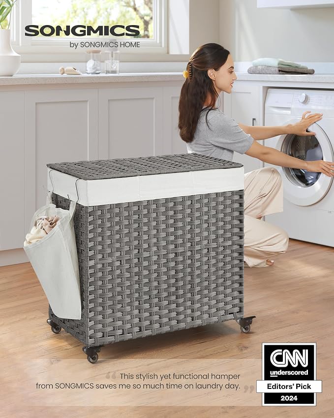 SONGMICS Laundry Hamper with Lid, 37 Gallons (140 L), Rolling Laundry Basket with Wheels, 3-Section Synthetic Rattan, Removable Liner, Bedroom, 26 x 13 x 26 Inches, Gray ULCB363G01 - Image 2