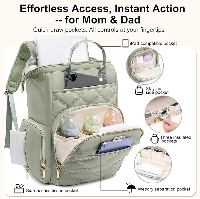 Diaper Bag Backpack Travel Diaper Backpack, Large Baby Diaper Bag with Changing Pad Baby Bag for Boys Girls, Insulated Pockets, Waterproof Baby Backpack for Mom & Maternity (Green) - Image 2