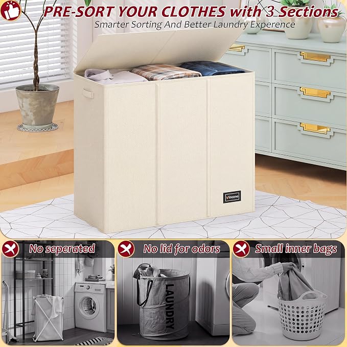220L Laundry Hamper 3 Section,Large Laundry Hamper with Lid,Dirty Clothes Hamper with 3 Inner Bags,Collapsible Laundry Basket Organizer for Laundry Room,Bedroom,Laundry Sorter Hamper 3 Compartment - Image 3