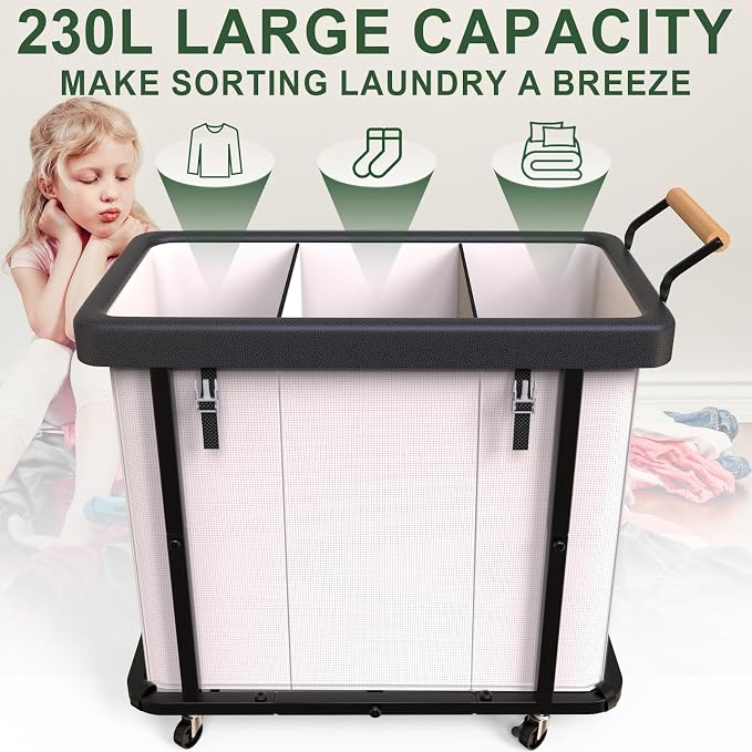 Laundry Hamper 3 Section,230L Rolling Dirty Clothes Hamper White | Laundry Basket with Wheels & Lid,Laundry Organizer Storage Cart with Metal Frame and Wooden Handle for Laundry Room, Hotel - Image 2