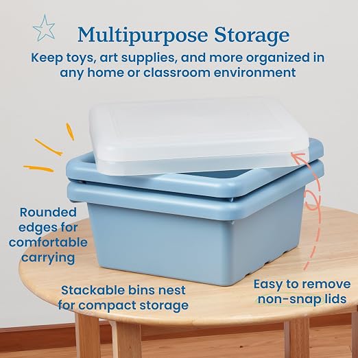 ECR4Kids Stackable Square Bins with Non-Snap Lids, Multipurpose Organization, Powder Blue, 2-Pack - Image 4
