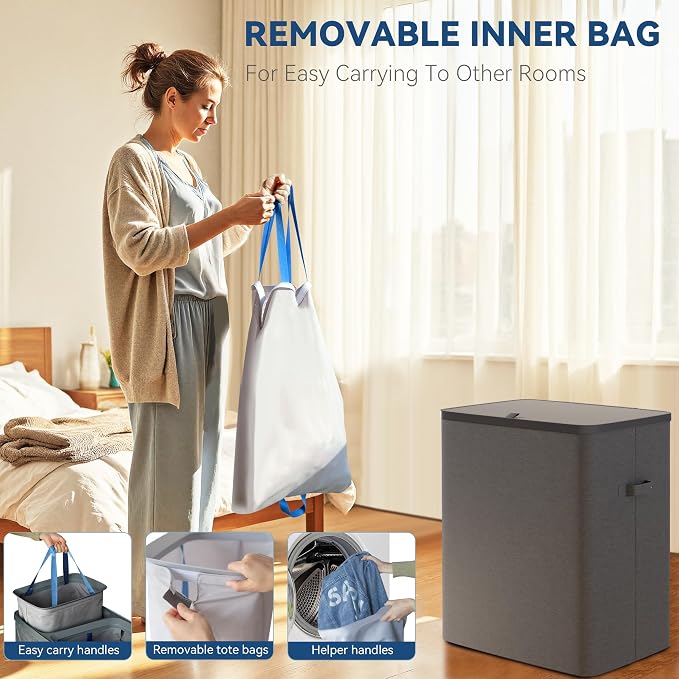 Dual Section 90 liter/23.8 gallon Laundry Hamper Separation Basket with lid, 2 Removable Washing Bags with Handles,Large Laundry Sorter for Easy Clothes Separation - Dark Gray - Image 5