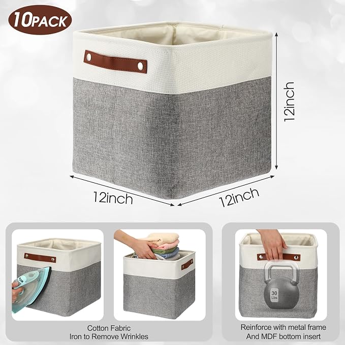 Uiifan 10 Pcs Collapsible Storage Bins Fabric Foldable Storage Basket with Handles Cloth Organizer Linen Shelf Baskets for Shelves Home Closet Nursery Toys(12 x 12 x 12 Inch,Gray and White) - Image 3