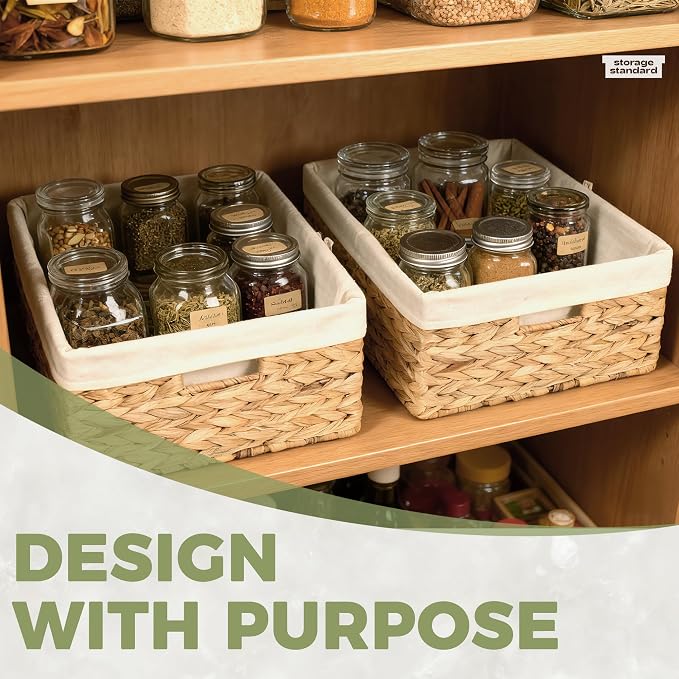Wicker Shelf Storage Baskets for Organizing - Natural Water Hyacinth Woven Basket Organizers & Storage for Shelves w/Handles & Cotton Liner for Home & Pantry Decor Organization, Large 15” x 12” x 6” - Image 8
