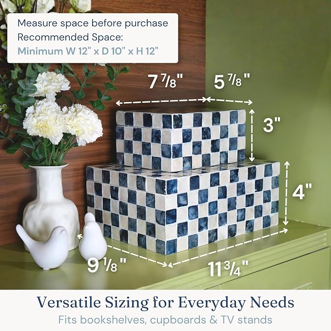 12"x8" Decorative Capiz Boxes Keepsake Trunk, Navy Blue, Set 2 | Handmade capiz inlaid keepsake boxes for photos, blue checkered boxes, checkered box decor, blue storage box for bedroom - Image 3