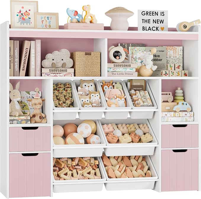 HORSTORS 55" W Toy Storage Organizer, Large Kids Bookshelf, Toy Box, Pink | 8 Plastic Storage Bins / 2 Removable Toy Storage Boxes / Open Shelves, Kids Bookcase with Drawers for Playroom, Kids Room by HORSTORS